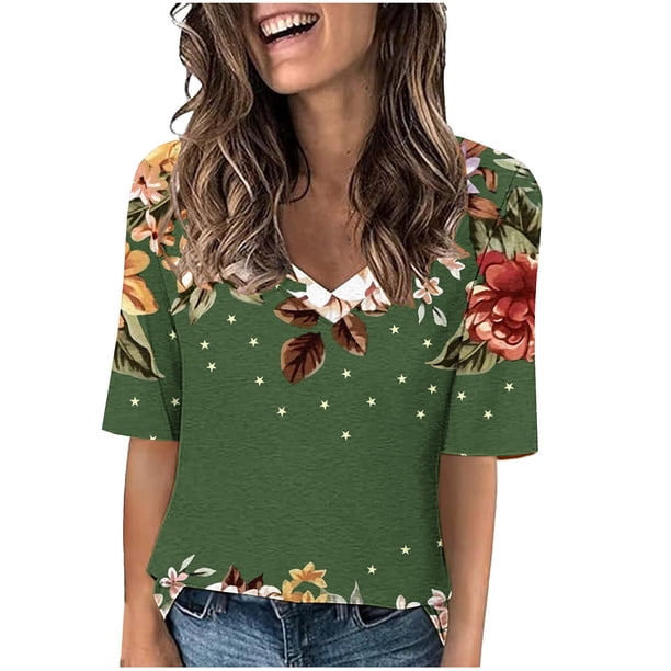 Camisetas de Manga Corta con Cuello en V Impresas, Camisetas Ligeras Y Elegantes con Cuello en V de las Mujeres