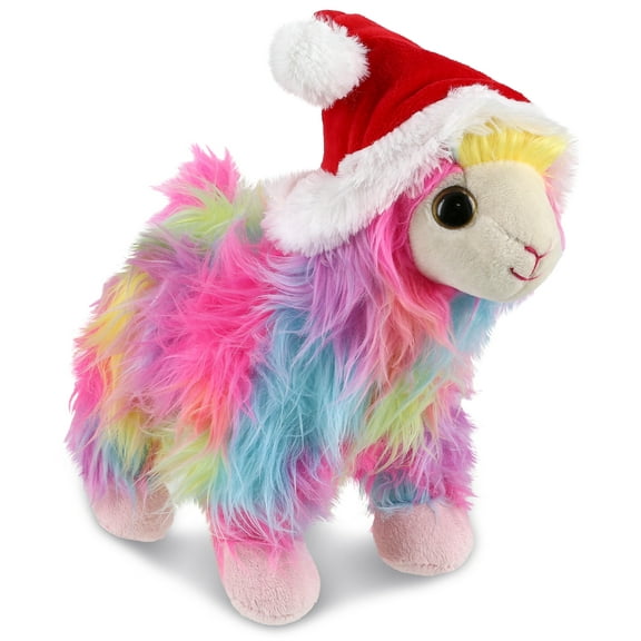 DolliBu Santa Rainbow Llama Stuffed Animal Plush Toy - Super Soft Farm Animal Dress Up with Red Santa Claus Outfit, Farm Life Holiday Christmas Gift - 9.5 Inch