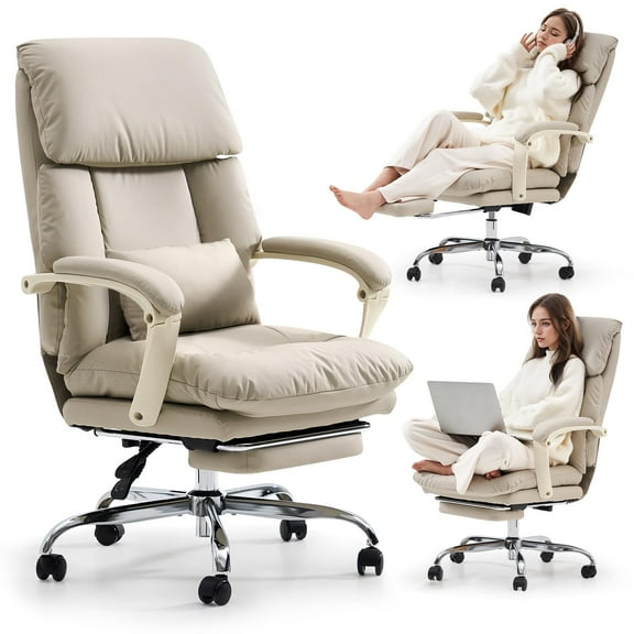 EMIAH Office Chair with Foot Rest, Ergonomic Executive Office Chair with Arms, Reclining High Back PU Leather Comfy Swivel Computer Desk Chairs with Wheels and Lumbar Support for Home Office, Beige