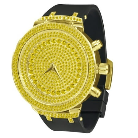Gold Canary 3-Tiered Fully Iced out Mens Black Silicone Band