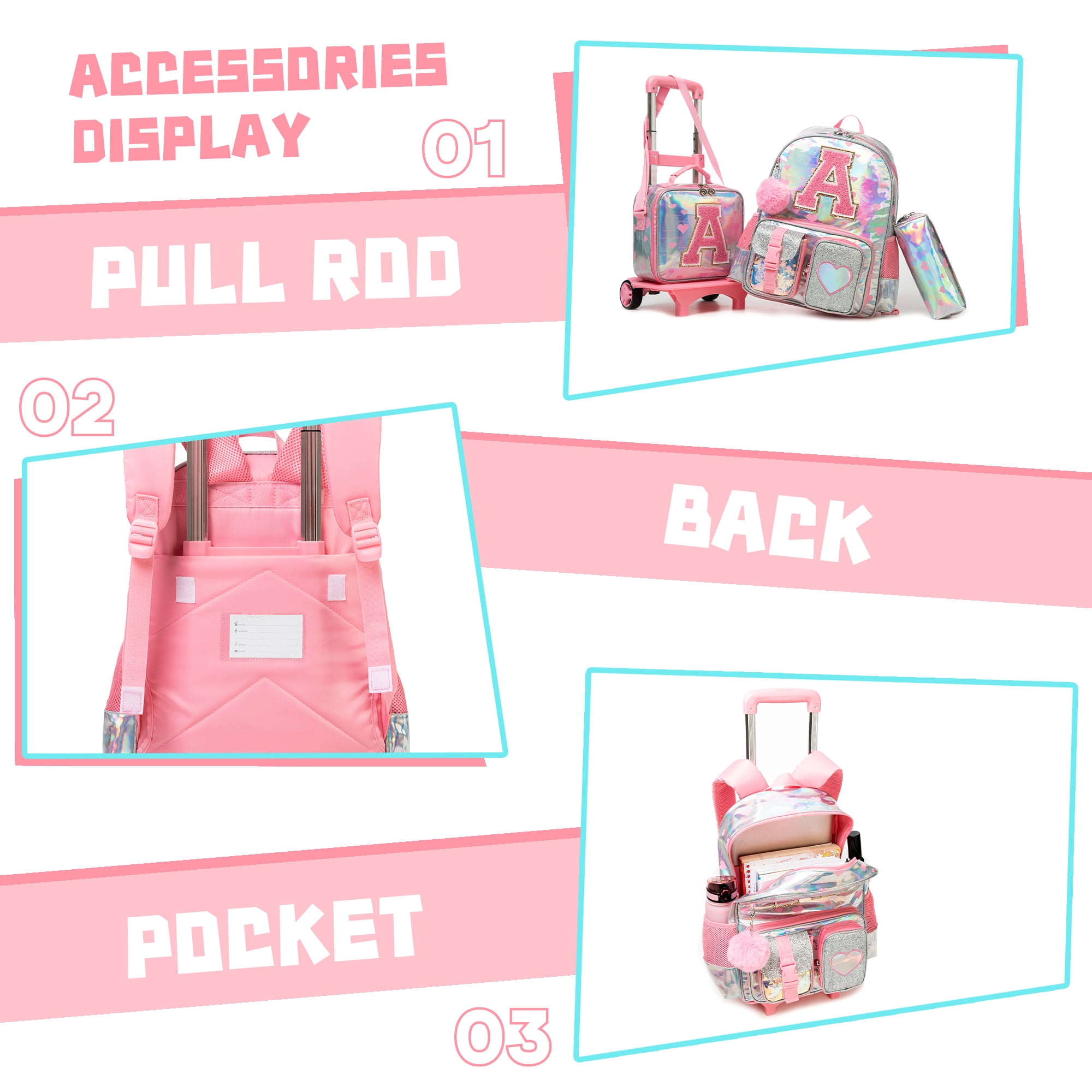 Kids Rolling Backpack with Wheels for Girls Pink Backpacks for School Elementary Student Wheeled Bookbag with Lunch Box Pencil Case