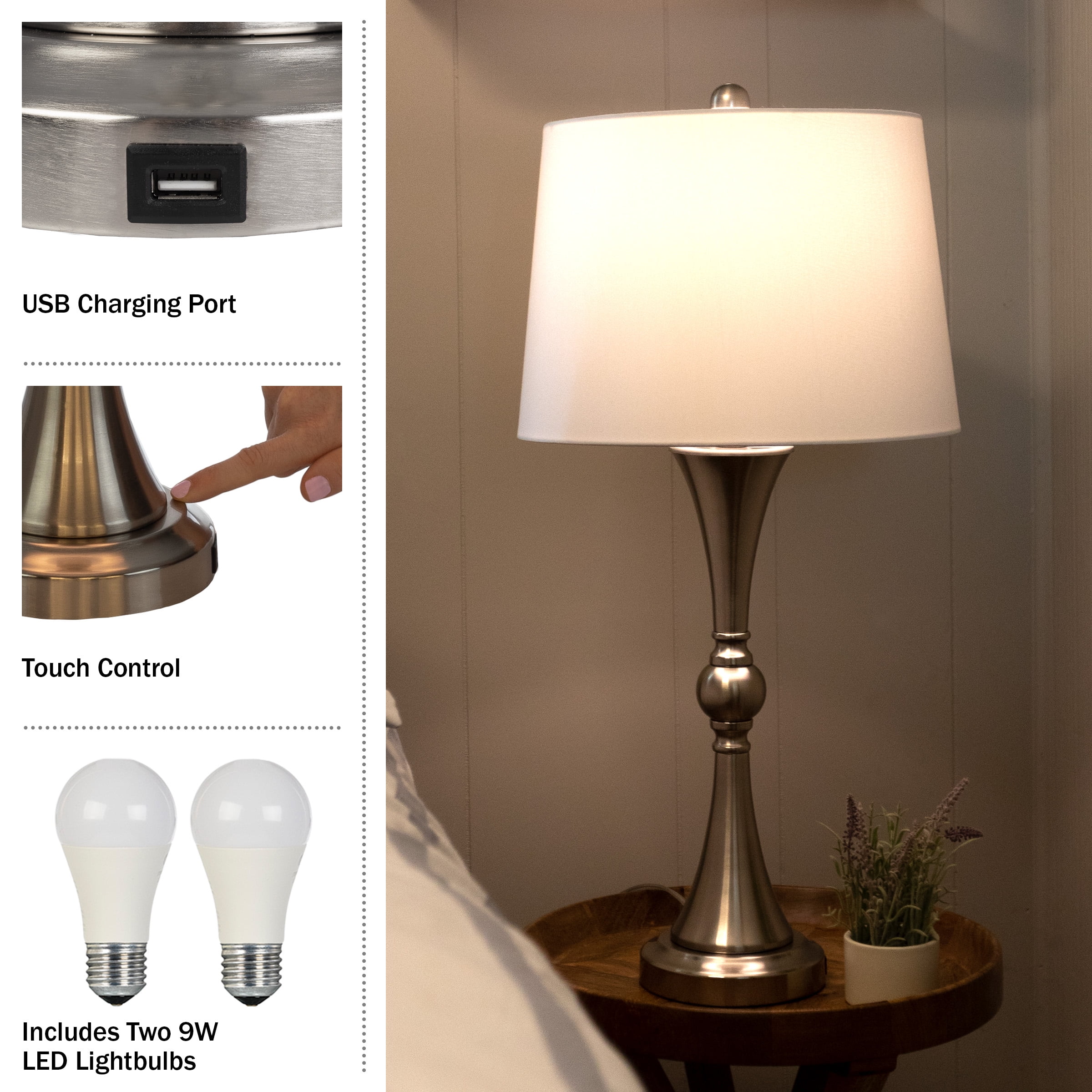 Lavish Home Set of 2 Table Lamps with USB Charging Ports (Brushed Silver)