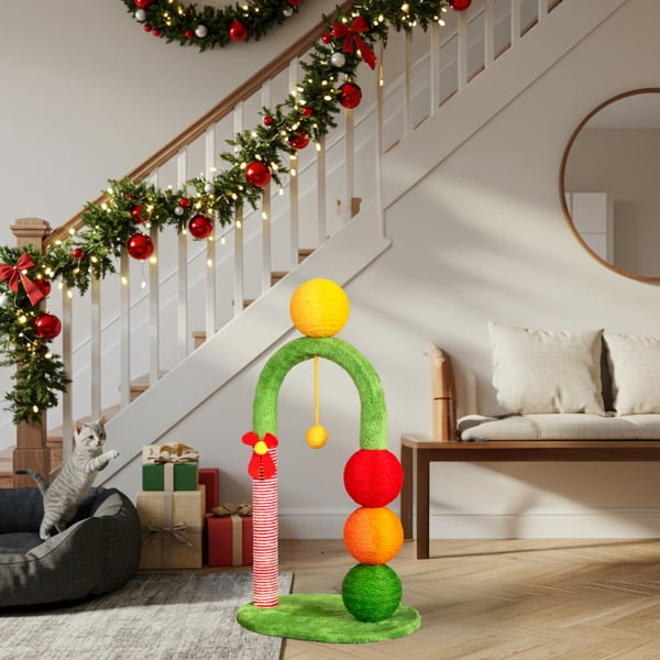 29in Christmas Cat Tree Tower with Sisal Balls - Holiday Cat Scratcher with Candy Cane Post & Dangling Toys for Indoor Cats