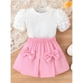 thumbnail image 3 of FEORJGP Little Girls Summer Outfits 6M 1T 2T 3T 4T Toddler Infant Round Neck T-shirt Puff Sleeve Shirt Ribbed Tops + Elastic Waist 3D Bow Mini Skirt Set Kids Fashion Casual Cute Clothes, 3 of 9