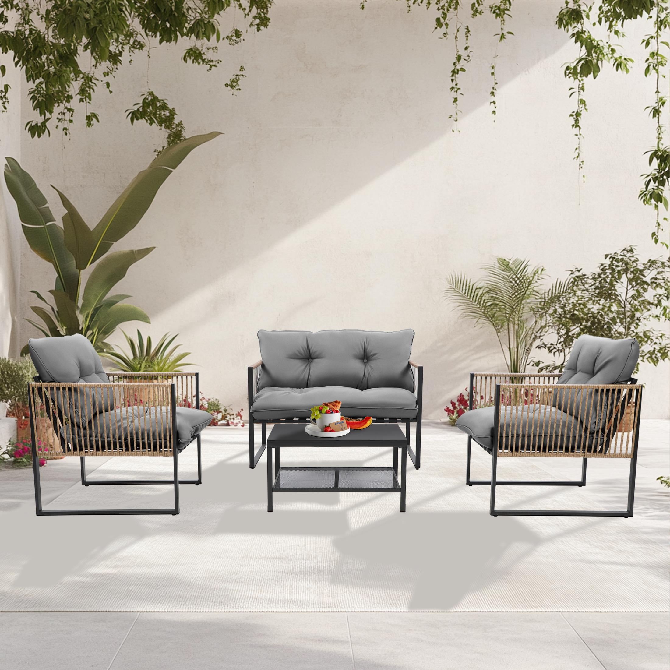 4 Pieces Outdoor Wicker Conversation Set, All-Weather Rattan Patio Furniture Sets with Arm Chairs, Tempered Glass Tabletop and Cushions, Sectional Sofa Set for Backyard, Garden, Poolside