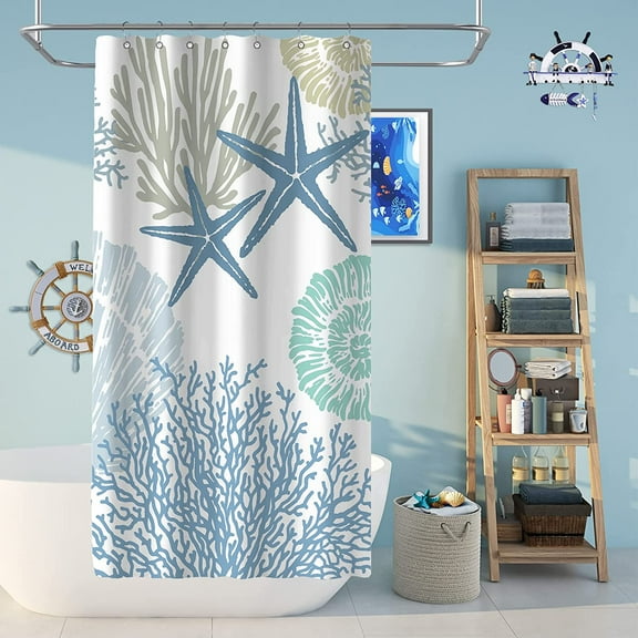 Tritard Stall Shower Curtain 36 x 72 - Small Nautical Coastal Waterproof Fabric Shower Curtains for Bathroom, Decorative Starfish Seashell Beach Themed Bath Curtain with 12 Hooks, Blue