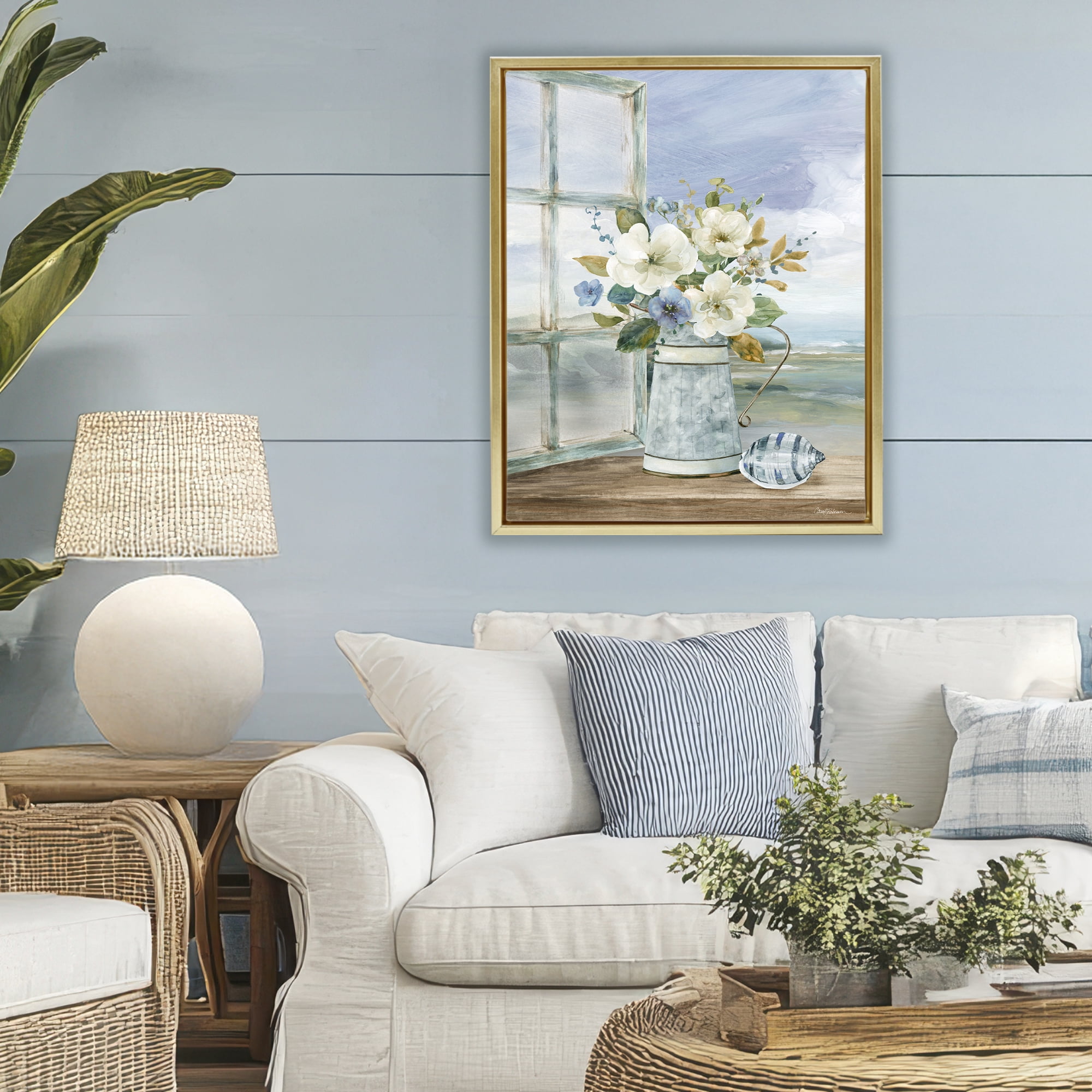 Stupell Industries Seaside Floral Bouquet Window Gold Framed Floater Canvas Wall Art, design by Carol Robinson