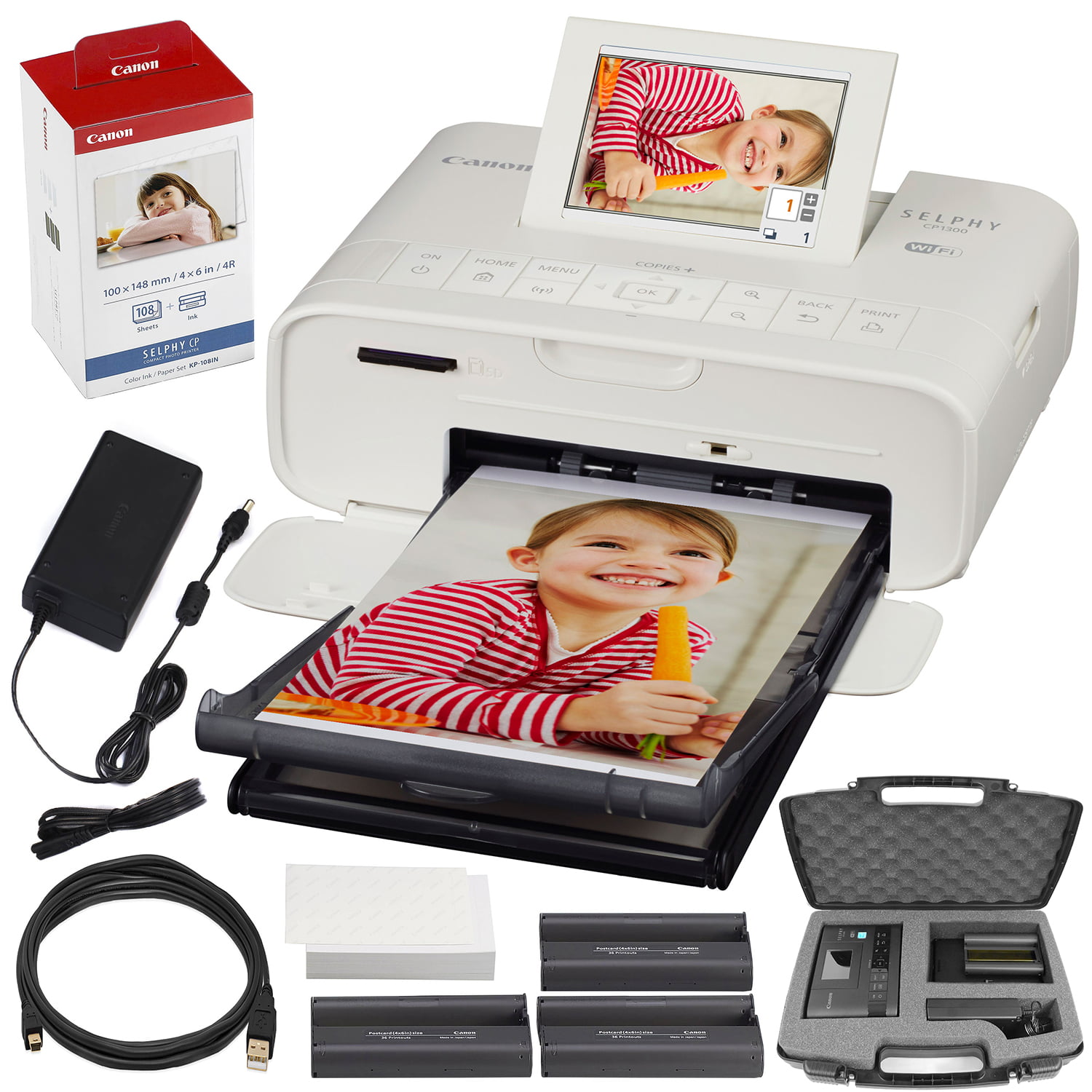 Goed gevoel Bijlage doos Canon SELPHY CP1300 Compact Photo Printer (White) with WiFi and Accessory  Bundle w/ Canon Color Ink and Paper Set + Case + More - Walmart.com