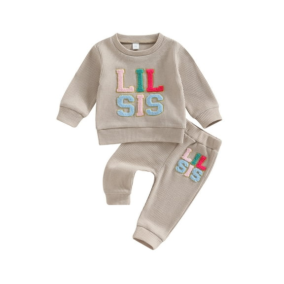 Bagilaanoe 2PCS Infant Baby Girl Long Pants Set Letter Pattern Long Sleeve Sweatshirt Pullover Tops Sweatpants 6M 12M 18M 24M Infant Casual Waffle Sweatsuits