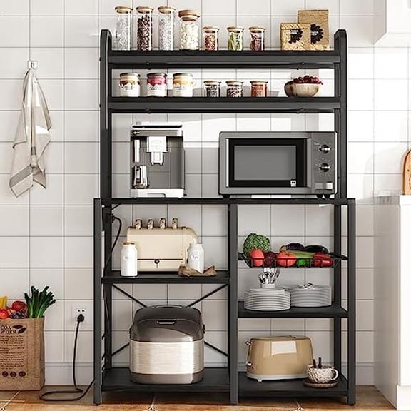 6-Tier Multi-Purpose Baker’s Rack with Power Outlets, Storage Cabinet & Wire Basket – Microwave Stand, Coffee Bar Shelf, Bookshelf Organizer for Kitchen, Dining, Living Room, Retro Black