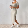thumbnail image 6 of bbyeadc Women's Summer Bodycon Dresses Square Neck Short Sleeve Casual Sundresses Knit Side Slit Ribbed Midi Dress (Khaki, 2XL), 6 of 7