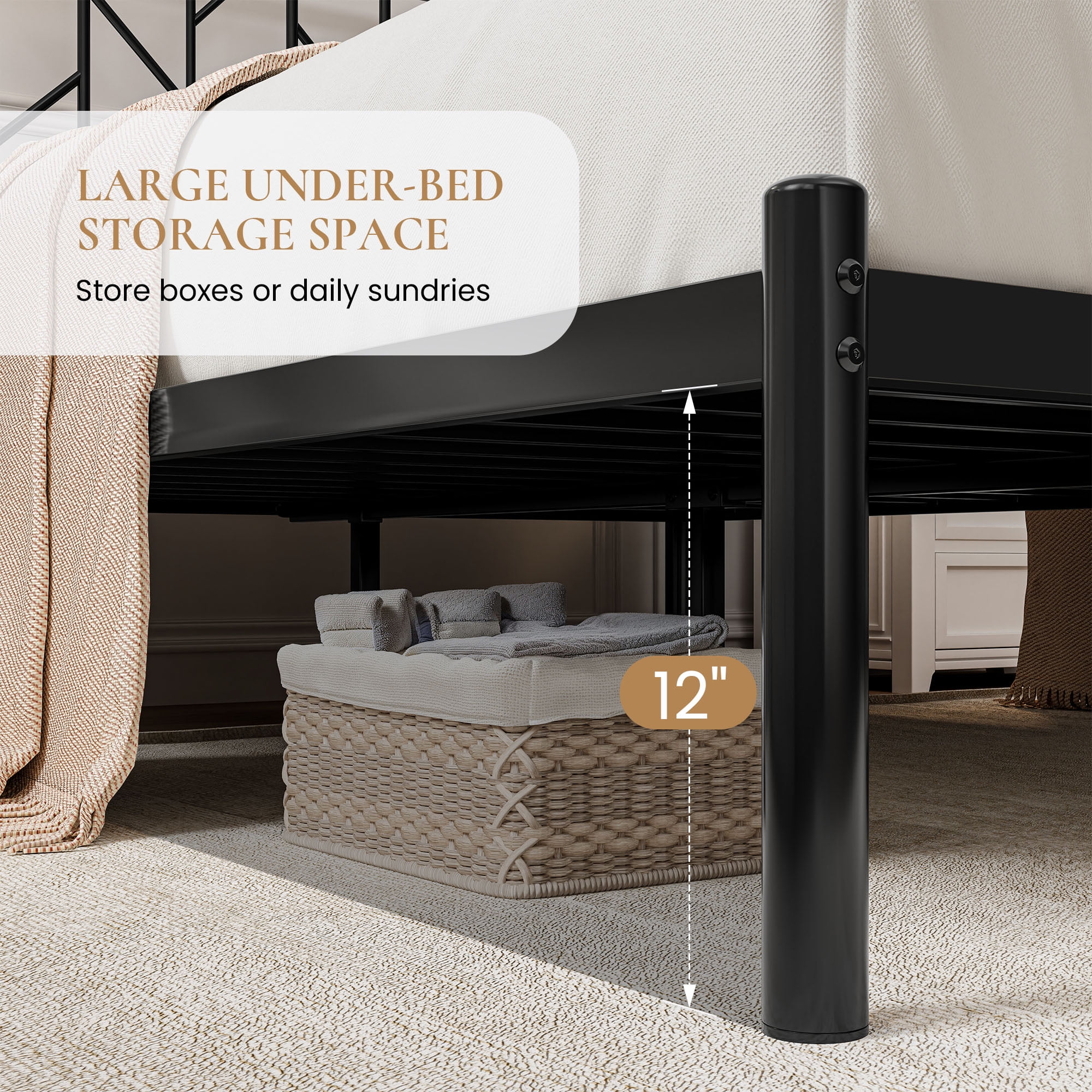 Sha Cerlin Black Full Size Metal Platform Bed Frame with Victorian Vintage Headboard & Underbed Storage, Adult
