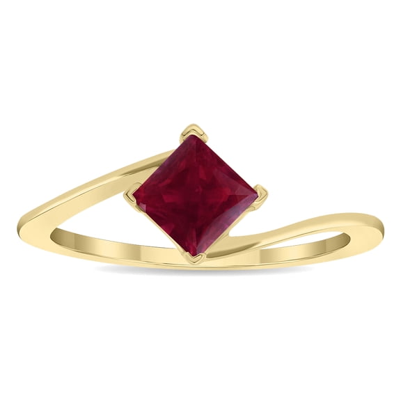 SZUL Women's Solitaire Square Shaped Ruby Wave Ring in 10K Yellow Gold