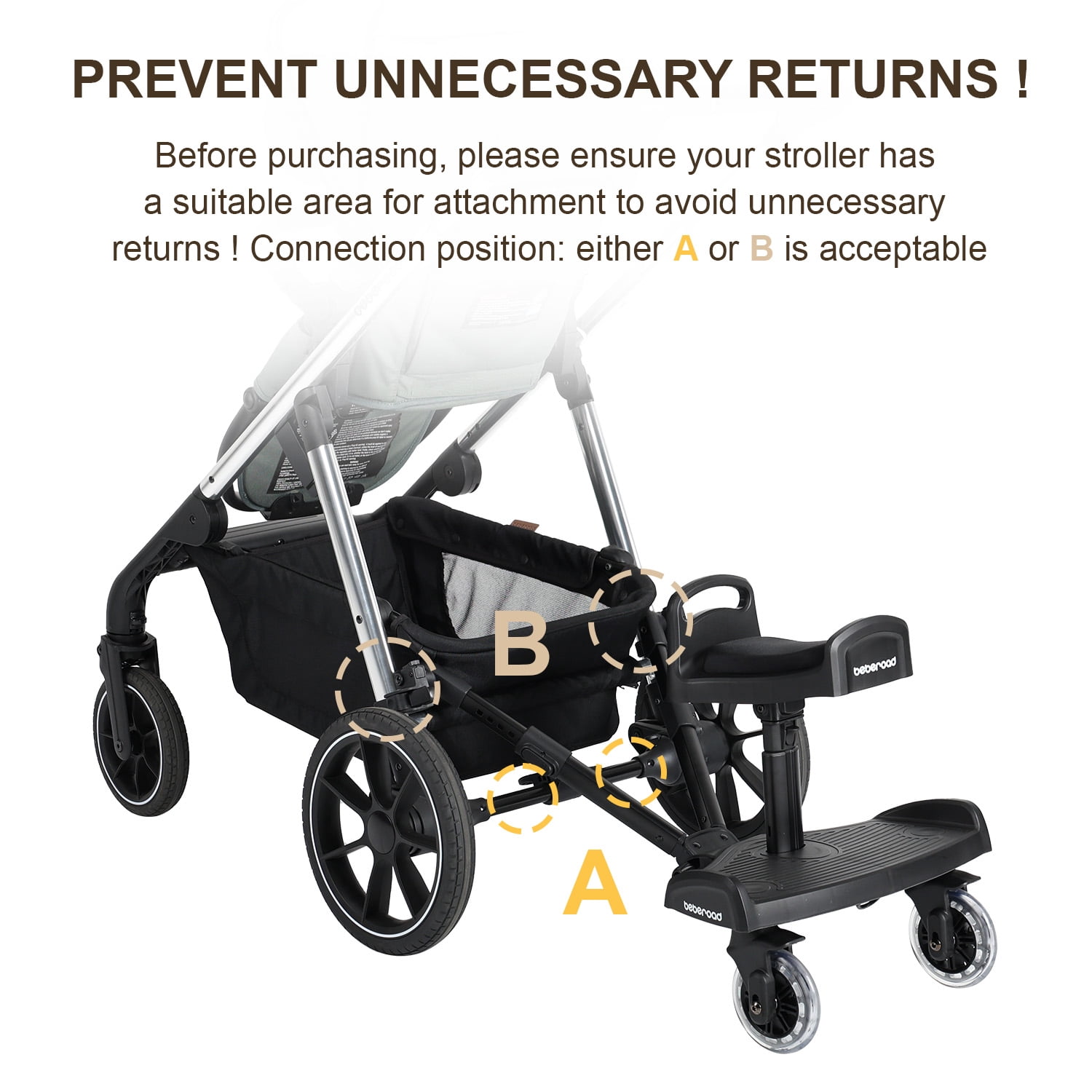 Beberoad Love Universal Stroller Board with Detachable Seat Stroller Ride Board Standing Platform Stroller Glider Board Fits Most of Strollers & Buggies - Rider Holds Children Up to 45lbs