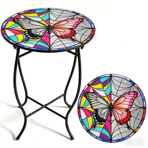 Stained Glass Butterfly Plant Stand, 14" Round Mosaic Side Table with Black Metal Frame, Indoor Outdoor Accent Table for Patio Balcony Living Room, Boho Decor Plant Holder