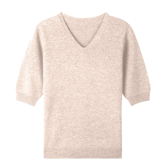 Dwellite Womens Short Sleeve Sweaters Wool V Neck Sweater Shirts Business Casual Work Tops 2026 Summer Fall Knit Tops Pullover Beige S