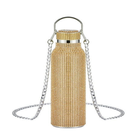 

Diamond Water Bottle Bling Rhinestones Stainless Steel Thermal Bottle Refillable Insulated Water Bottle with Chain for Camping