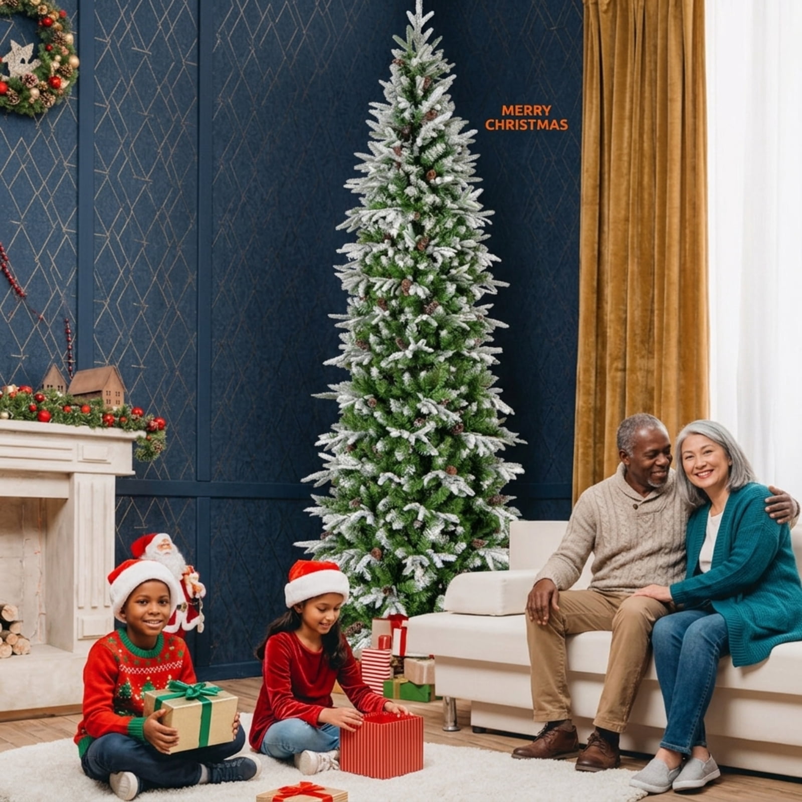 RUIE 9 ft Snow Flocked Christmas Tree, Tall Pre-Lit Green White Xmas Tree with 470 LED Lights, 1310 Branch Tips and 98 Pine Cones