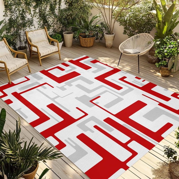 Modern Geometric Red Outdoor Rug for Patio/Deck/Porch, Non-Slip Large Area Rug 5 x 8 Ft, Abstract Minimalist Artwork Lines Indoor Outdoor Rugs Washable Area Rugs, Reversible Camping Rug Carpet Runner