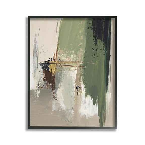 Stupell Industries Green & Tan Brush Strokes Abstract Painting Black Framed Art Print Wall Art, 11 x 14