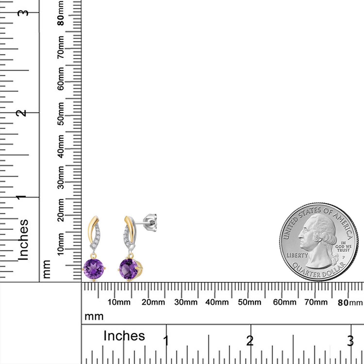Gem Stone King 925 Silver and 10K Yellow Gold Purple Amethyst and White Lab Grown Diamond Dangle Earrings for Women | 2.05 Cttw | Gemstone February Birthstone | Round 6MM