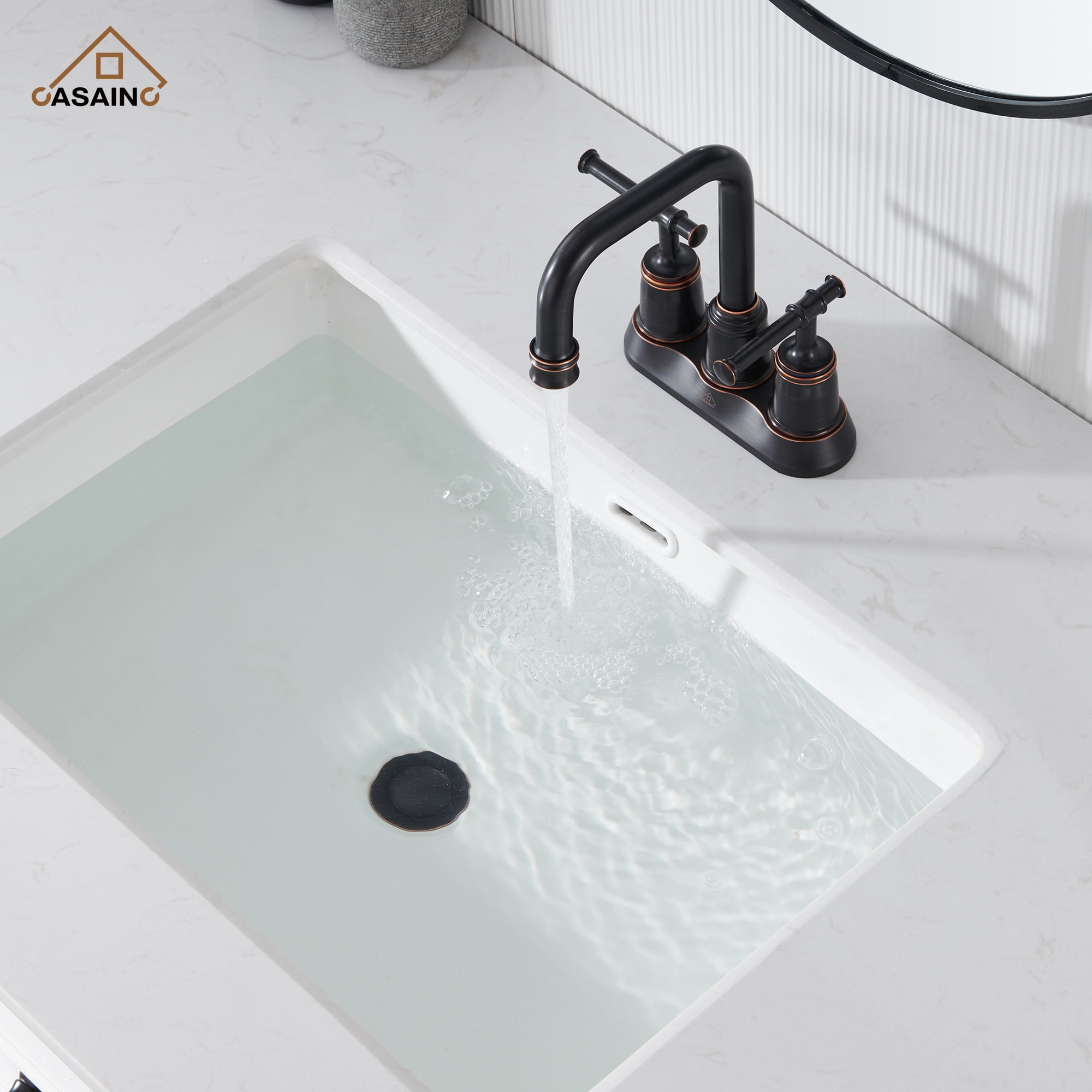 CASAINC 4 in. Centerset Double Handle Bathroom Sink Faucet Lavatory Faucet with Stainless steel Drain in Oil Rubbed Bronze