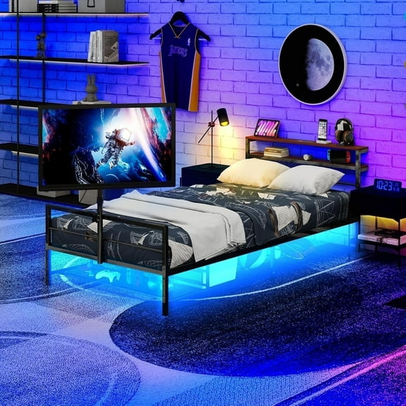 LFGUIZO TwinSize Gaming Black Metal Bed Frame TV Mount   Charge Station in Wood Headboard,  LED Lights,with Vented Storage Shelf No Box Spring Needed