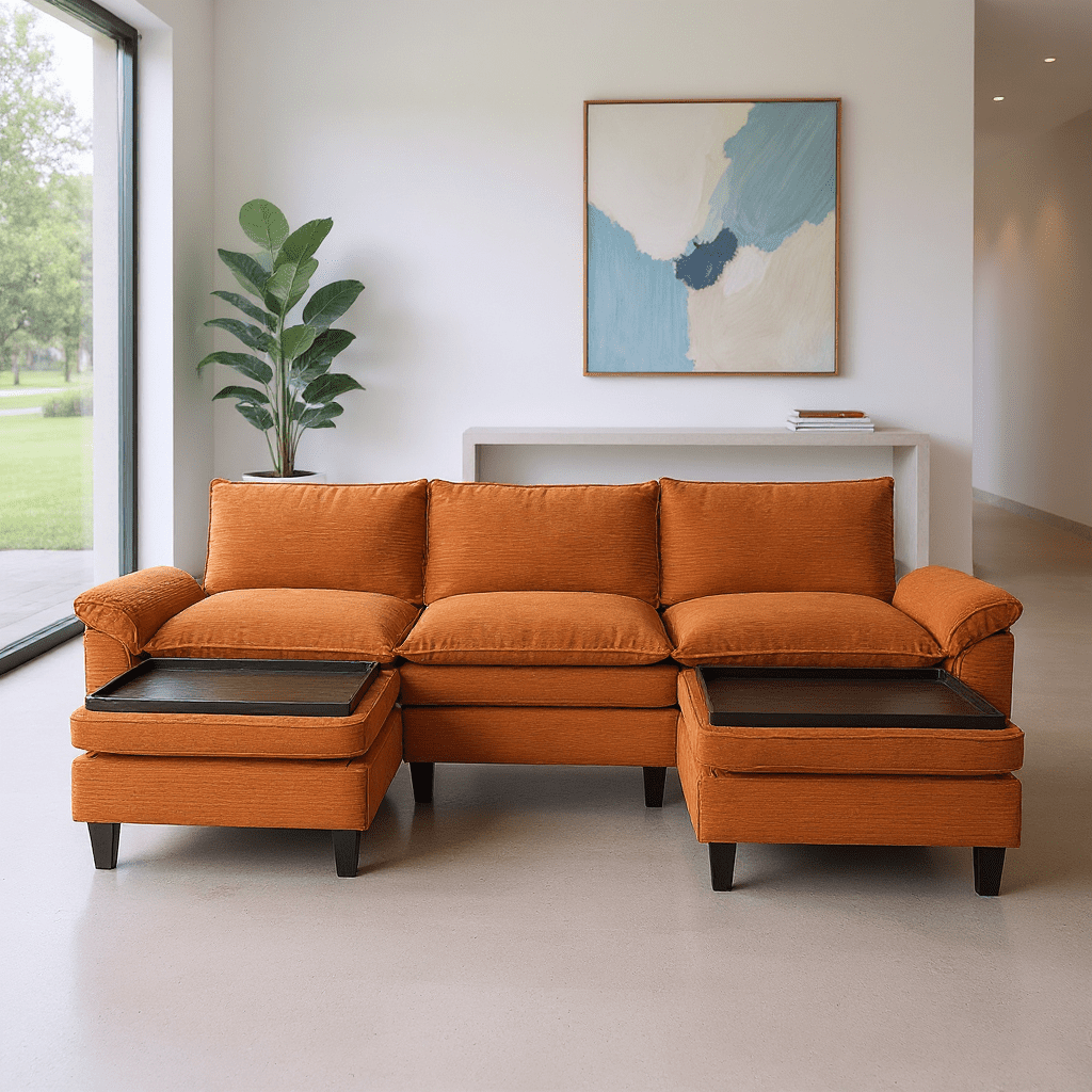 Gewnee Sectional Convertible Sofa U Shaped Modular Couch with Double Movable Tea Table Ottoman Corduroy Oversized Sofa Couch