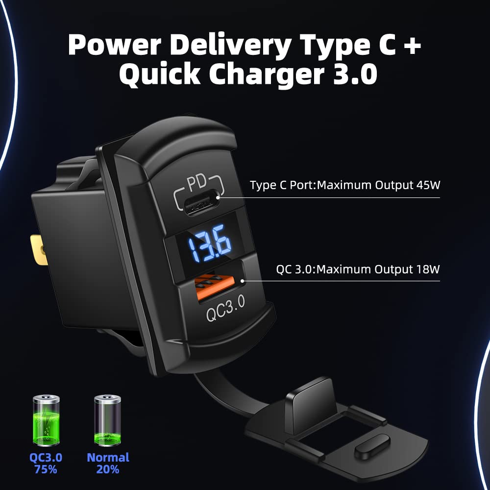 USB Rocker Switch USB C Charger Socket with Waterproof Cover Dual PD and QC3.0 12V/24V Blue Led Voltmeter for Rocker Type Marine Switch Panel On Marine Rv Vehicles…