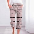 thumbnail image 2 of ZZwxWA Pants Women Wide Leg Trendy Elastic Drawstring Straight Cotton Linen Vacation Beach Striped Print Below the Knee High Waist Trousers Pink M, 2 of 5