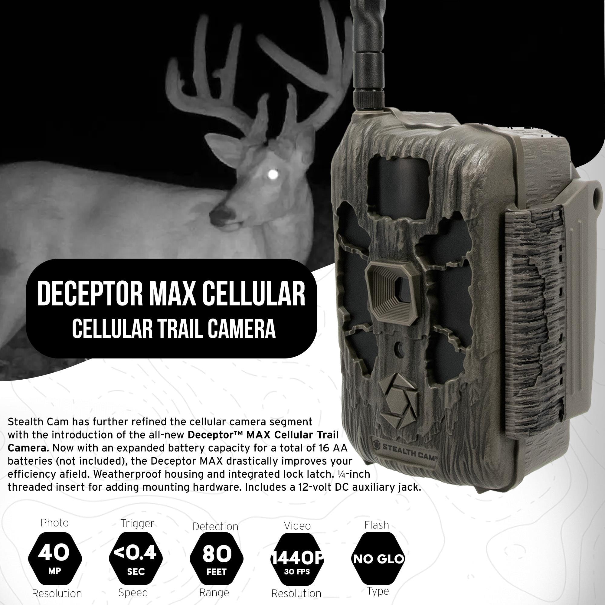 Stealth Cam 40MP Deceptor Max Cellular Trail Camera with 0.4-Second Trigger Speed (2-Pack) Bundle with 5000mAh Solar Battery (2-Pack), Card Reader, and 32GB Memory Card (2-Pack) (6 Items)