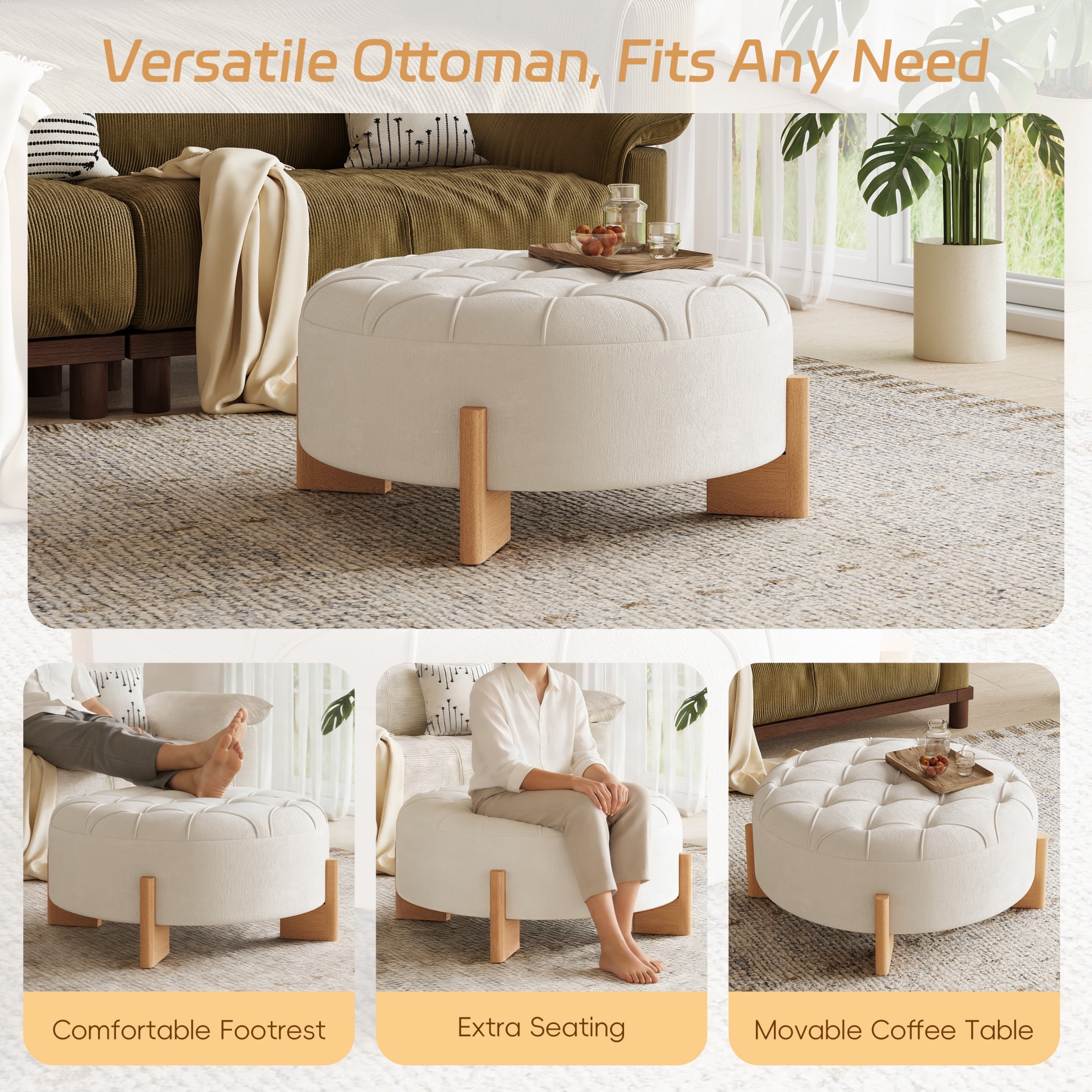 Noble House 32" Round Tufted Button Ottoman Coffee Table with Rubber Wood Legs, Chenille Upholstered Footrest, Beige