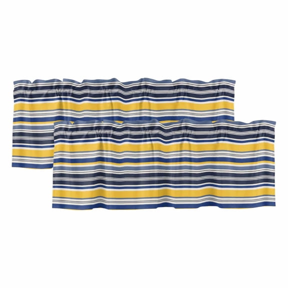 2 Pack Navy Blue Yellow Striped Valances for Windows Bedroom Living Room Window Treatments, Farmhouse Vintage Stripe Rod Pocket Valance Drapes Short Kitchen Curtains Over Sink 42"x18"