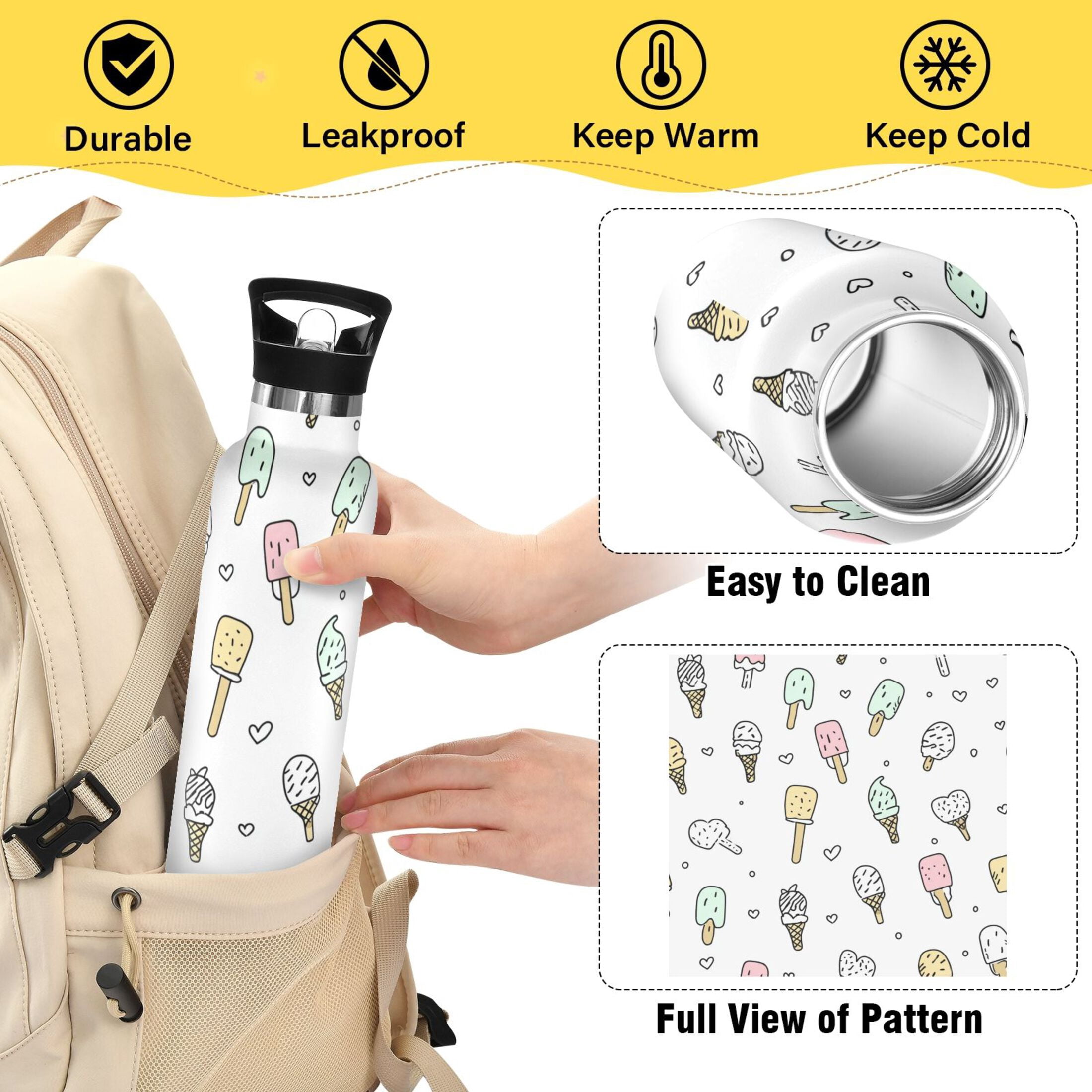 Kids Insulated Stainless Steel Sports Water Bottle 600ml Pastel Ice Cream Pattern