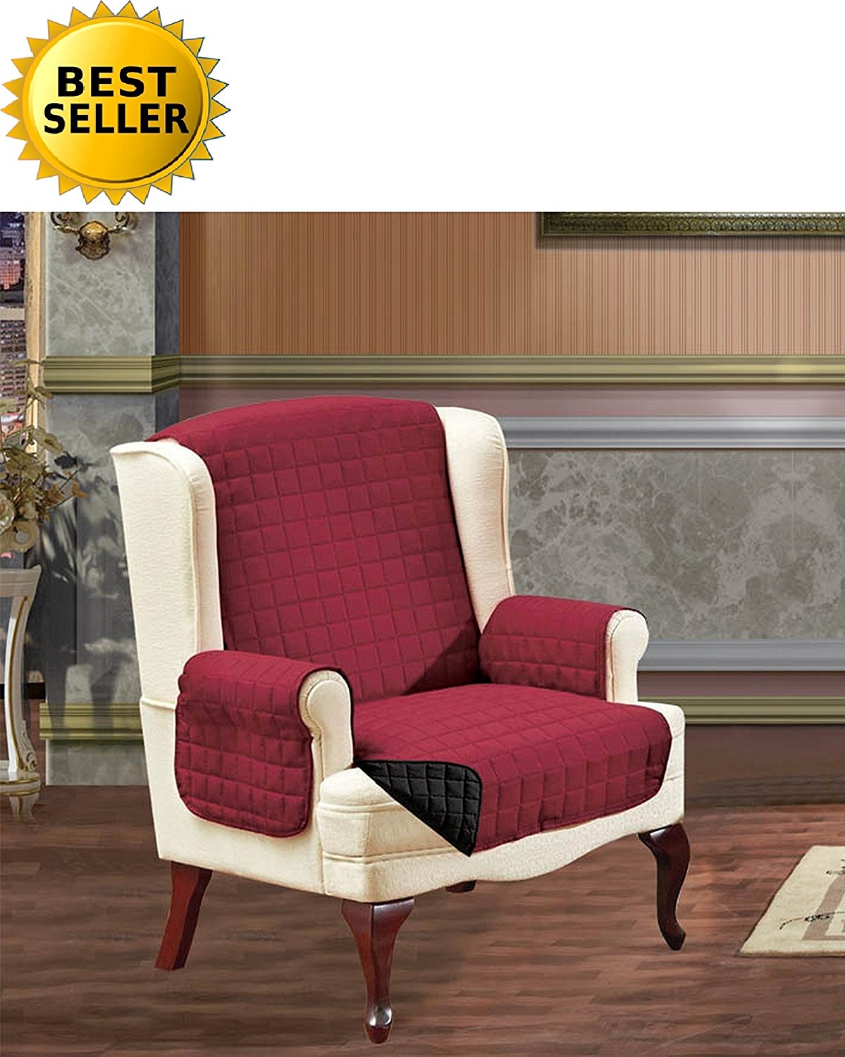 elegant comfort reversible furniture protector luxury slipcover/furniture protector great for pets & children with straps to prevent slipping off, wing chair, burgundy/black - image 1 of 1