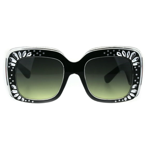 Concave Engrave Bling Sparkling Jewel Rectangular Thick Plastic Sunglasses Black Green Smoke
