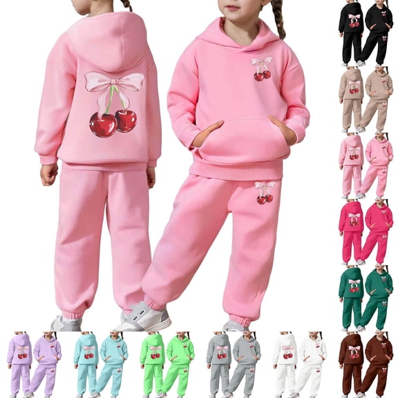 BUWTTED Girls Activewear Jogger Sets - 2 Piece Cherry Print Graphic Pullover Hoodie Sweatshirt Sweatpants Sweatsuit Outfits Pink 10-11 Y