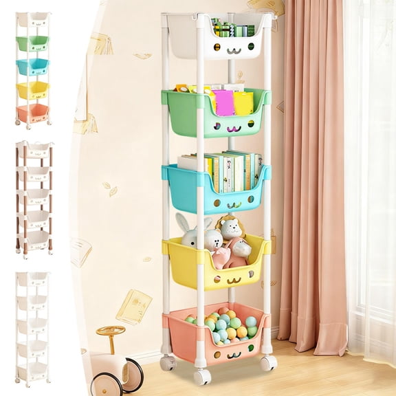 Five-Tier Plastic Shelving Unit 5-Tier Rolling Plastic Storage Rack with Wheels Multi-Layer Organizer for Snacks and Home Use(White,1Pcs) Rkxzt
