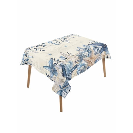 Blue Coastal Starfish Rectangle Tablecloth Beach Nautical Shell Eucalyptus Retro Waterproof & StainResistant Tablecloth Washable Oil-proof Table Cover for Dining/Party/Wedding/Buffet 60x102 In