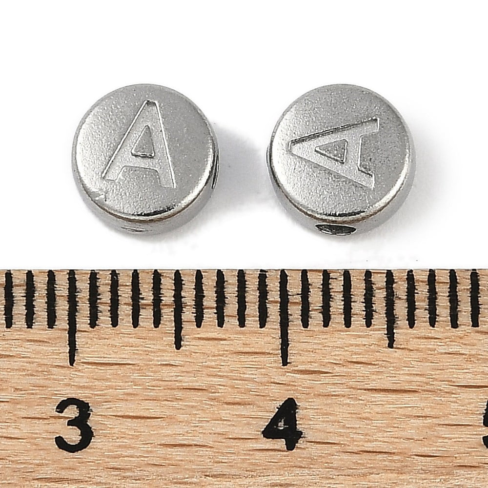Anti-304 Stainless Steel Beads Flat Round with Letter Stainless Steel color Letter A 7x3.8mm Hole: 1.8mm