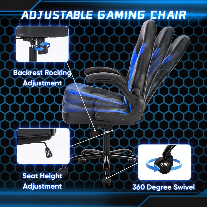Gianna Ergonomic Computer Gaming Chair with Flip-up Armrest, Height Adjustable PU Leather Home Office Desk Chair with Lumbar Support Swivel Wheels and for Adults，Black Blue