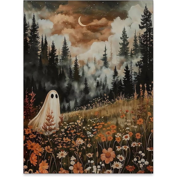 Cute Ghost Wildflower Halloween Wall Art Print, Vintage Decor