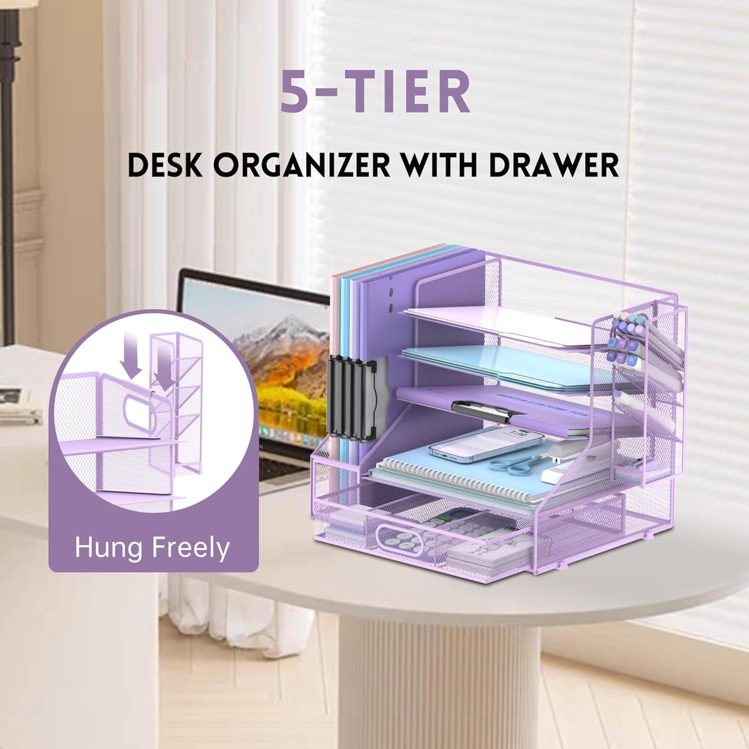 INTIGE 5-Tier Metal Mesh Desktop Organizer with File Holder, Drawers and Pen Holder, Paper Organizer, Purple, 1 Pack