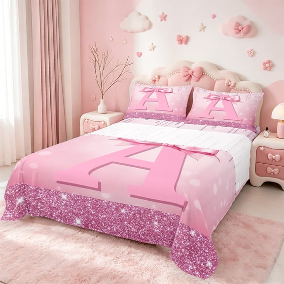 jejeloiu Monogrammed A Twin Sheet Sets,Cute Girls Bowtie Twin Fitted Sheet,Pink Glitter Print Flat Sheet For Child,Microfiber Room Decorative,3pcs