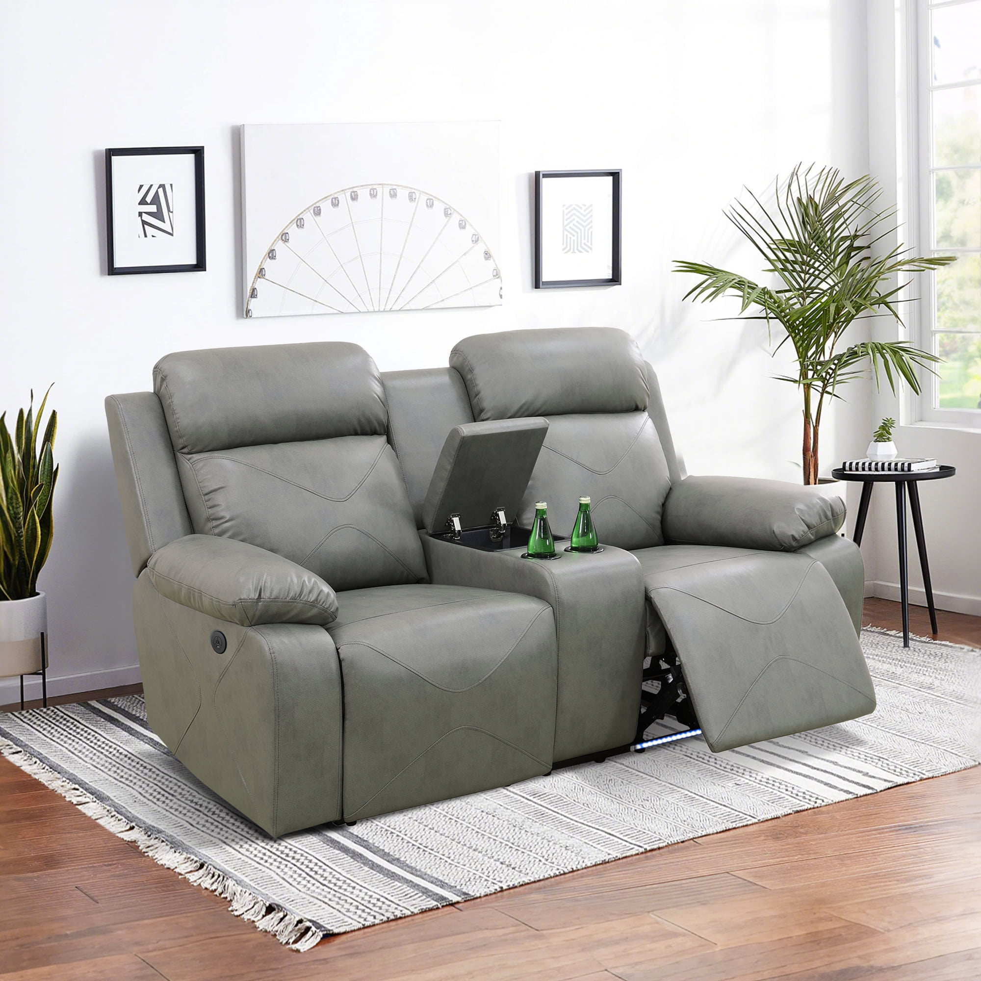 Gewnee Silver Gray Loveseat with Console & Cup Holders,Air Leather & High-Elastic Sponge, Adjustable Recline for Living Room Relaxation