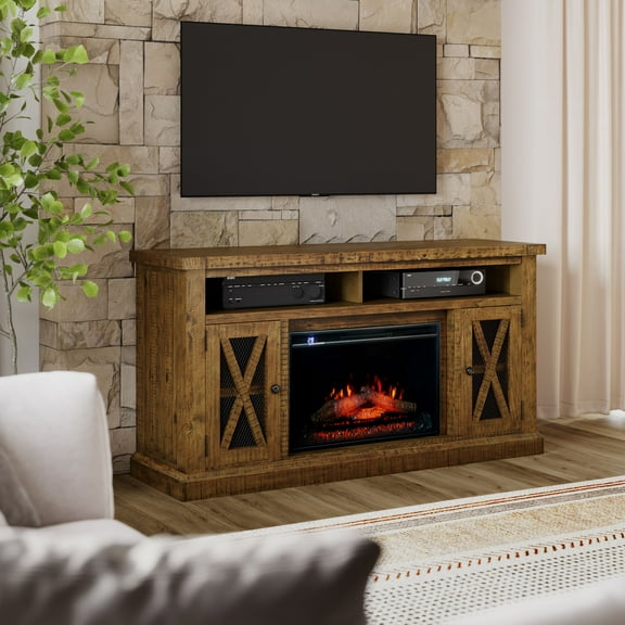 Telluride Rustic Solid Pine 60" Storage Console TV Stand with Electric Fireplace