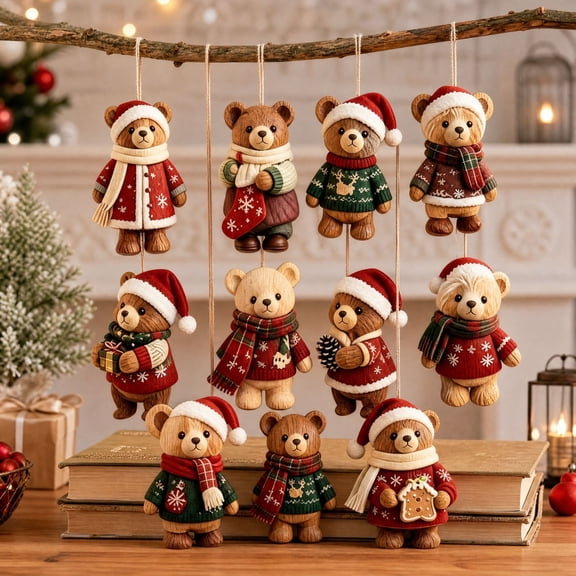 10 Pcs Christmas Bear Wooden Ornaments – Cute Xmas Bear Hanging Decorations with Santa Hat, Scarf & Festive Sweater, Christmas Tree & Home Holiday Decor