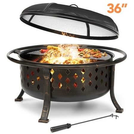 Singlyfire 36 inch Fire Pit for Outside Wood Burning Fire Pit Large Deep Fire Bowl for Camping Picnic Bonfire Patio Outside Backyard Garden Bonfire Pit with Cooking Grill Grate Spark Screen Log Grate