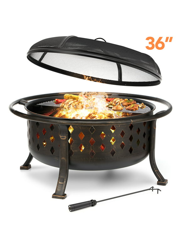 Singlyfire 36 inch Fire Pit for Outside Wood Burning Fire Pit Large Deep Fire Bowl for Camping Picnic Bonfire Patio Outside Backyard Garden Bonfire Pit with Cooking Grill Grate Spark Screen Log Grate