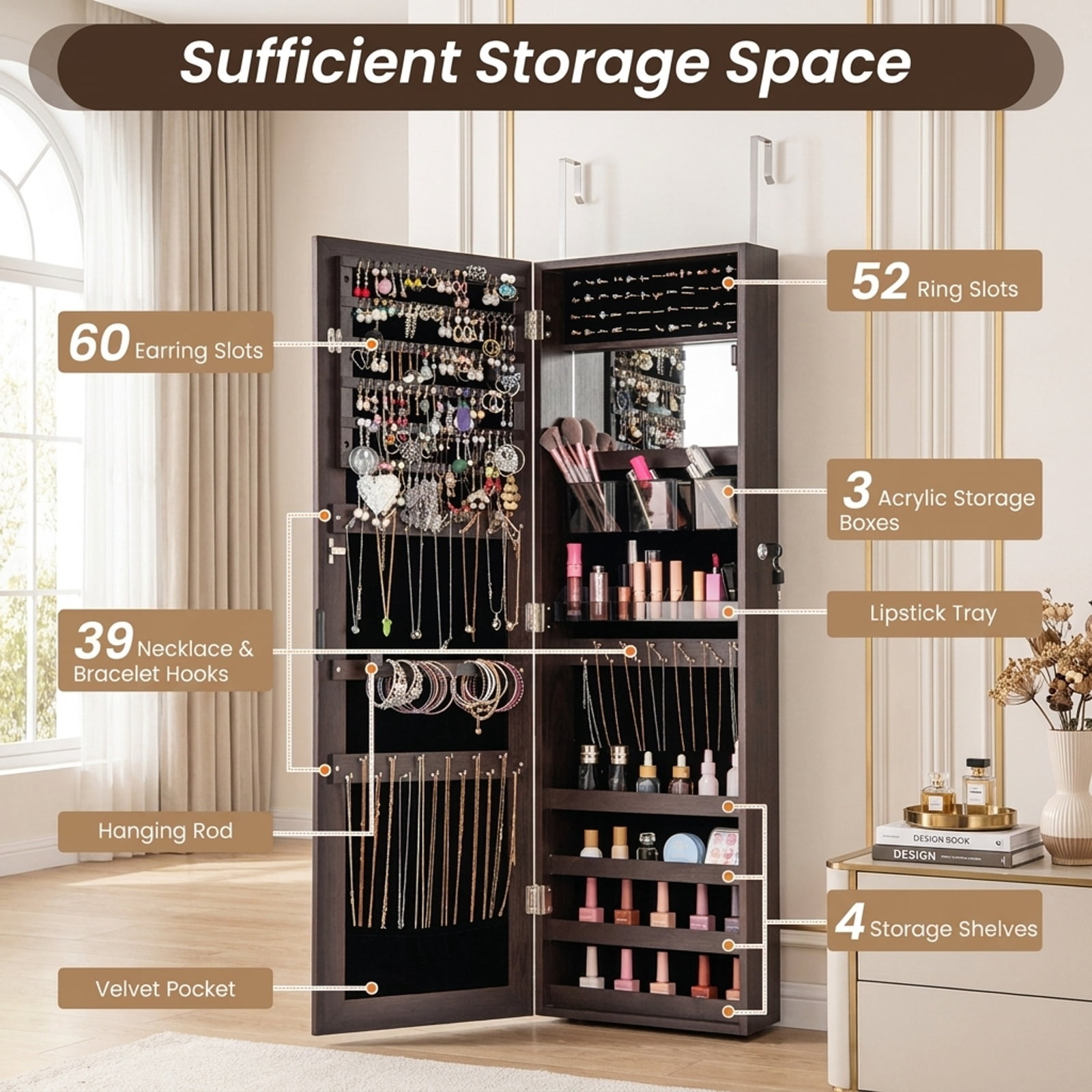 Furnibear 43.5 Inch Jewelry Mirror Cabinet with Full-length Mirror and Adjustable Hangers for Bedroom Dressing Room Jewelry Necklace, Dark Brown